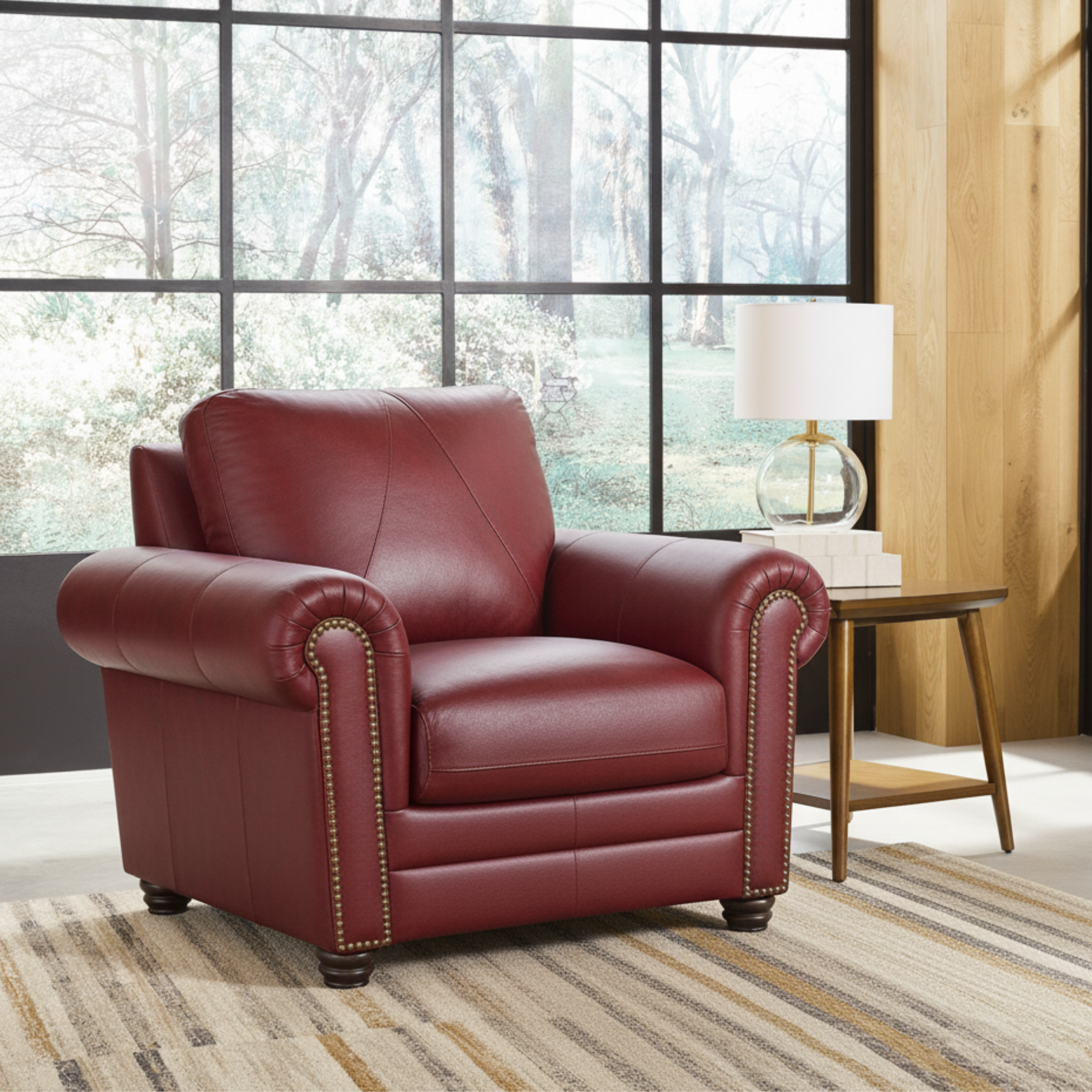 Westfield Cherry Leather Living Room Chair with Nailhead Trim From